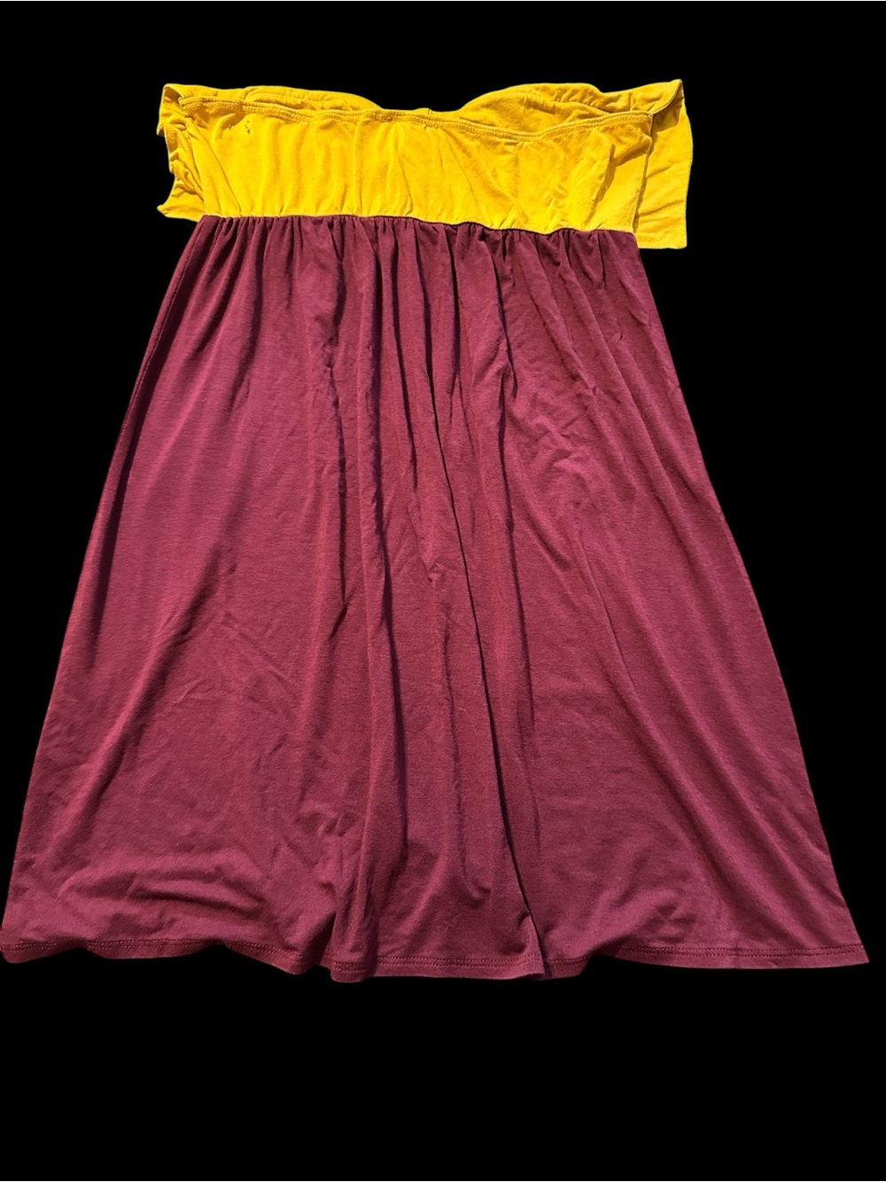 Coveted Clothing Mustard Yellow Bow Strapless Dress with Burgundy Skirt - Picture 11 of 11